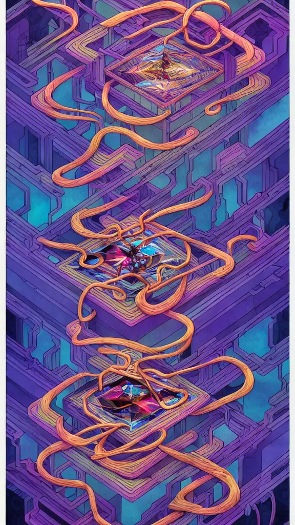 Image similar to arcane twisted turn of fate abstraction, centered award winning ink pen illustration, isometric abstract illustration by dan mumford, edited by craola, technical drawing by beeple and tooth wu, tiny details by artgerm and watercolor girl, symmetrically isometrically centered