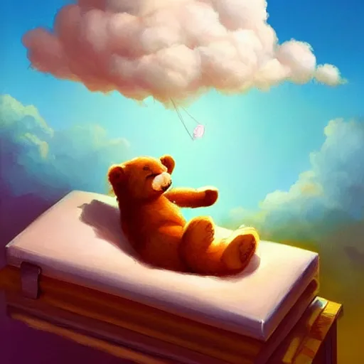 Image similar to a storybook of a teddy bear sleeping in the clouds, a storybook illustration by RHADS and Pu Hua, candy and rainbows, trending on cgsociety, pop surrealism, official art, detailed painting, artstation hd