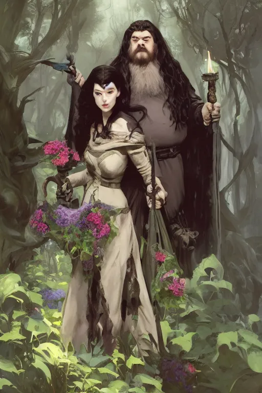 Image similar to hagrid the viking and gothic medieval morticia addams walking in enchanted forest with flowers, greg manchess painting by sargent and leyendecker, fantasy medium shot asymmetrical intricate elegant matte painting illustration hearthstone, by greg rutkowski by greg tocchini by james gilleard