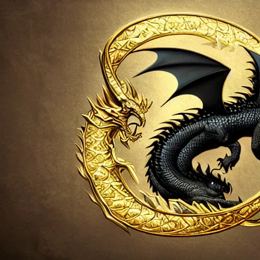 Prompt: emblem of black dragon on a gold metallic dragon logo, by artgerm, tom bagshaw, gerald brom, moody vibe, victorian vibe, gold, shiny, gold, 4 k, hd,