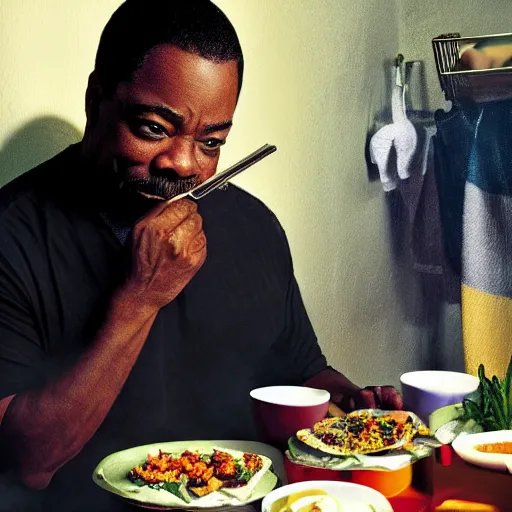 Image similar to levar burton eating tacos in a bathroom, ultra realistic, digital art, rich deep colors, smooth shadows, high resolution, cinematic