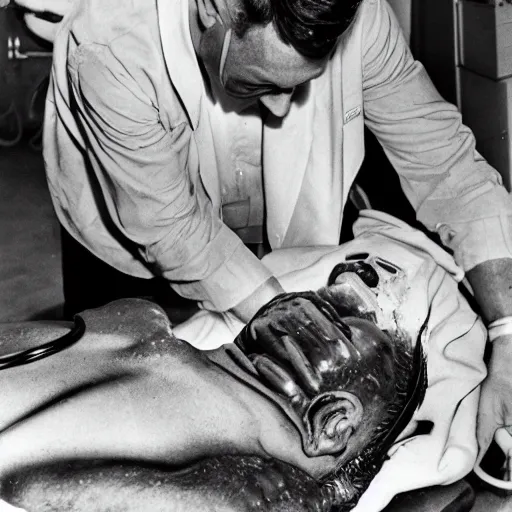 Prompt: A dramatic photo of a an electrician receiving CPR after being electrocuted (1967). Black and White