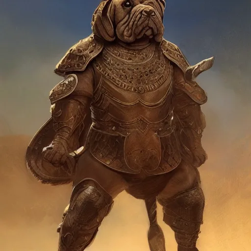 Image similar to A big shar pei dog wearing mesopotamian battle armor, D&D, highly detailed, digital painting, artstation, concept art, sharp focus, illustration, cinematic lighting, art by artgerm and greg rutkowski and alphonse mucha