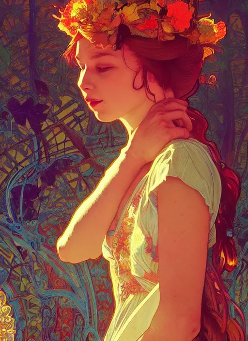 Image similar to la honda. ken kesey and the merry prankster. electric koolaid acid test. intricate, elegant, highly detailed, digital painting, artstation, concept art, wallpaper, smooth, sharp focus, illustration, art by artgerm and greg rutkowski and alphonse mucha