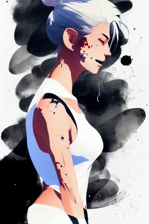 Image similar to a ultradetailed beautiful painting of a stylish woman in with white hair in a ponytail, she is wearing a black tank top, by conrad roset, greg rutkowski and makoto shinkai trending on artstation