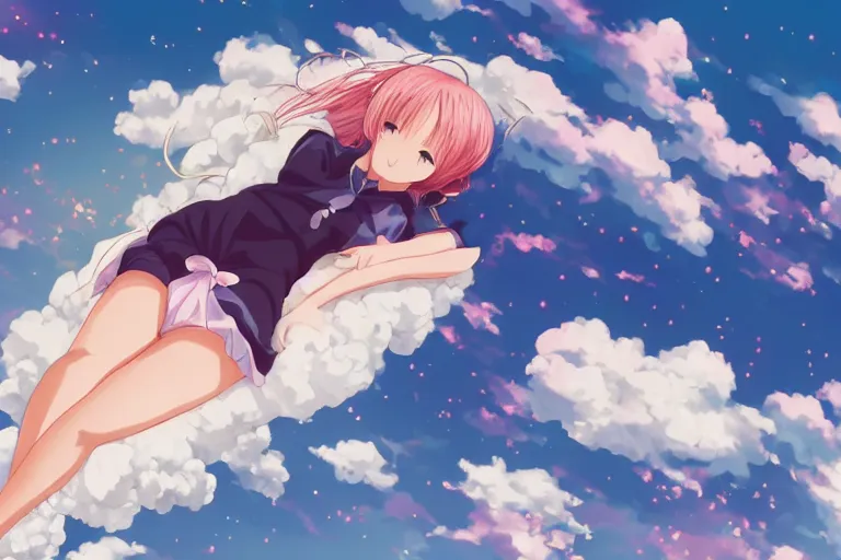 Image similar to a cute anime girl relaxing on a cloud by aoshima, chiho,