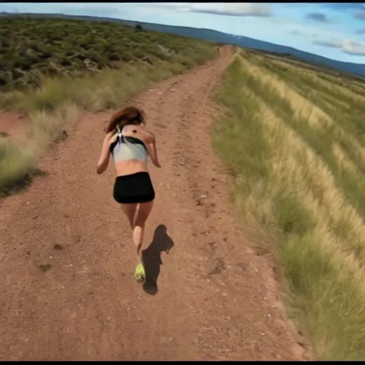 Image similar to screenshot of go pro footage from front view emma stone running in front of tiger