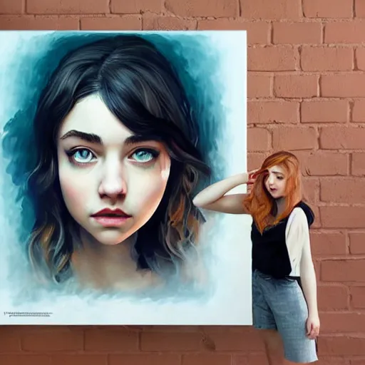 Image similar to a beautiful scenic painting of a beautiful young girl that looks like imogen poots by artgerm and wlop and wes anderson and spike jonze