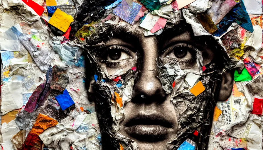 Prompt: rendered in blender slit - scan photography trash bag on his head and crumpled paper as a texture, collage paper and tape, acrylic on canvas, hyperrealism mixed with expressionism, high resolution, cinematic, unreal 6, breathtaking detailed, by blake neubert