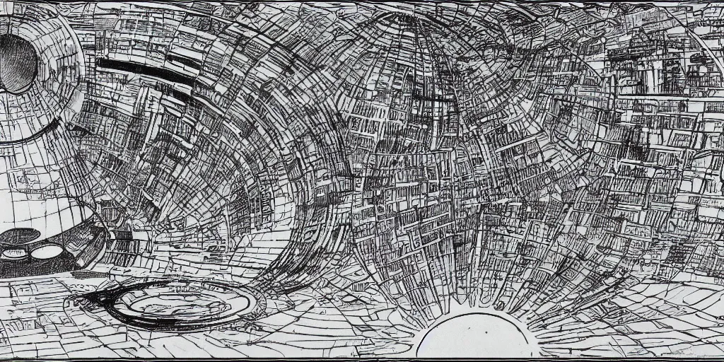 Image similar to architectural overview of a 1960 science fiction space port, drawn by James Joyce, in the style of Vaugaus