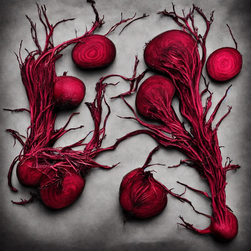 Image similar to embroidered beetroot with fractal roots, black, white and red, food photography. post - production : super detailed : masterpiece