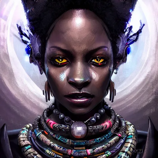 Image similar to a dark and ominous african queen with glowing eyes, a black diamond in her forehead, and jewelry made of bones, Apex Legends character digital illustration portrait design, by android jones and greg rutkowski in a cyberpunk voodoo style, detailed, cinematic lighting, wide angle action dynamic portrait