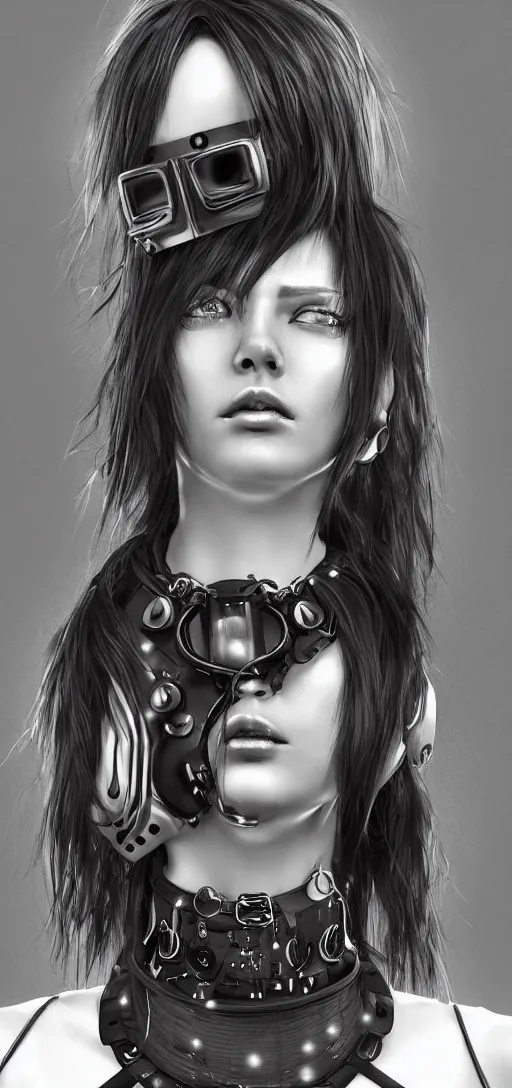 Image similar to detailed realistic female character cyberpunk wearing thick technological collar around neck, realistic, art, beautiful, 4K, collar, choker, collar around neck, punk, artstation, detailed, female, woman, choker, cyberpunk, punk, collar, choker, collar around neck,