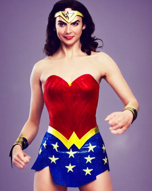 Image similar to A studio photo of Rowan Atkinson as Wonder Woman, bokeh, 90mm, f/1.4 Shot in the Style of Mario Testino