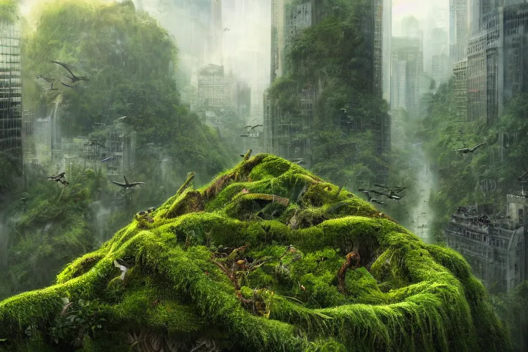 Image similar to an epic landscape view of vines and moss growing on times square, moss, jungle, with pterosaurs flying, close - up, low angle, wide angle, atmospheric, volumetric lighting, cinematic, very realistic, sharp, highly detailed digital art, painted by tyler edlin