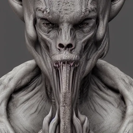 Image similar to a beautiful portrait of baphomet, 8 k, zbrush, octane, 8 k, incredibly detailed, androgynous, hr giger, peter gric, pablo amaringo