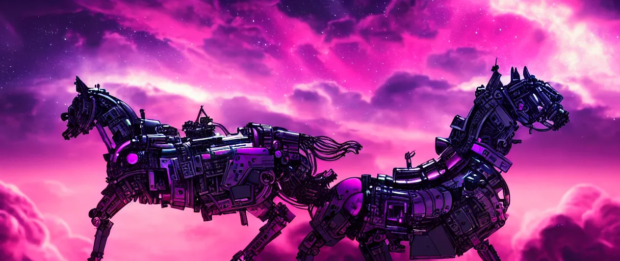 Image similar to space, a mechanical horse with a pink mohawk drives a pirate spaceship, punk, hyperdetailed illustration, stars, pink, neon, oil painting, rich deep colors masterpiece, ultra detailed, contrast, heaven pink, clouds, volumetric light, atmospheric lighting, dramatic, cinematic, moody, octane render 4 k, 8 k