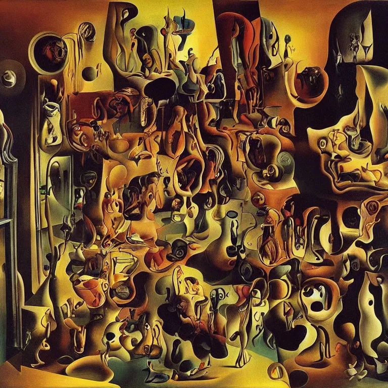 Prompt: room of chaos by salvador dali, abstract surrealism, colorful, masterpiece