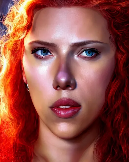 Image similar to scarlett johansson portraying a beautiful red sonja, beautiful scarlett johansson red sonja, movie, hyper realistic, hollywood promotional image, imax, 8 k