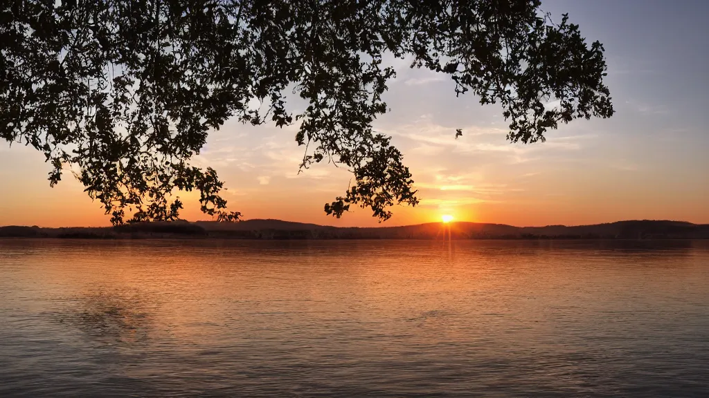 Image similar to tranquil mesmerizing calm lake at sunset detailed, 8k, mesmerizing, low saturation, high resolution