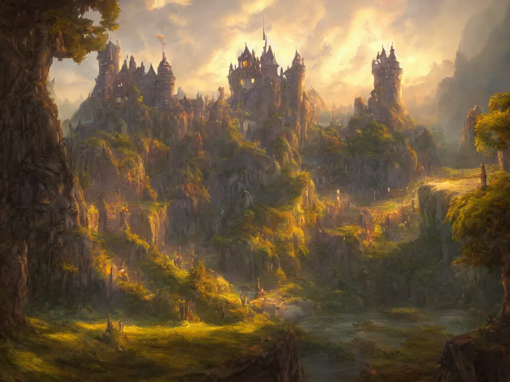 Prompt: a beautiful masterpiece painting of a castle in a fantasy landscape by tyler edlin, perfect fine weather, summer, award winning, trending on artstation,