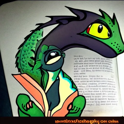 Image similar to cute dragon reading a book in the style of how to train your dragon