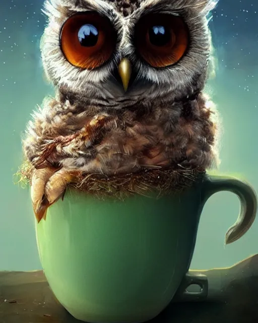 Image similar to long shot of a very cute owl chick nesting in a futuristic mug, esao andrews, humorous illustration, hyperrealistic, big depth of field, warm colors, night scenery, low light, 3 d octane render, 4 k, concept art, hyperdetailed, hyperrealistic, trending on artstation