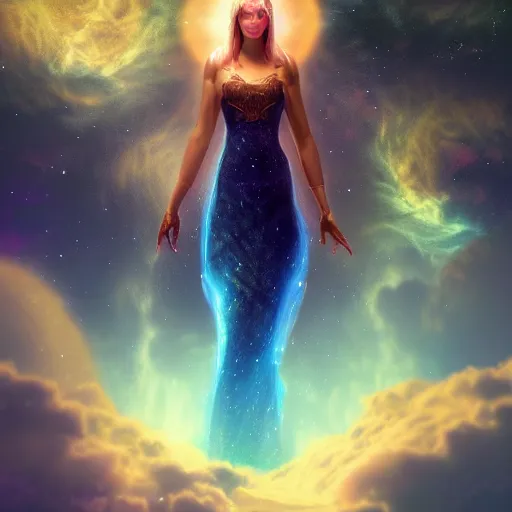 Prompt: a cosmic goddess, epic fantasy art, cosmic atmosphere, landscape, ambient, cosmic ambient, award winning on Artstation, high detail, hyper realistic, photo realistic, high definiton, 4k uhd