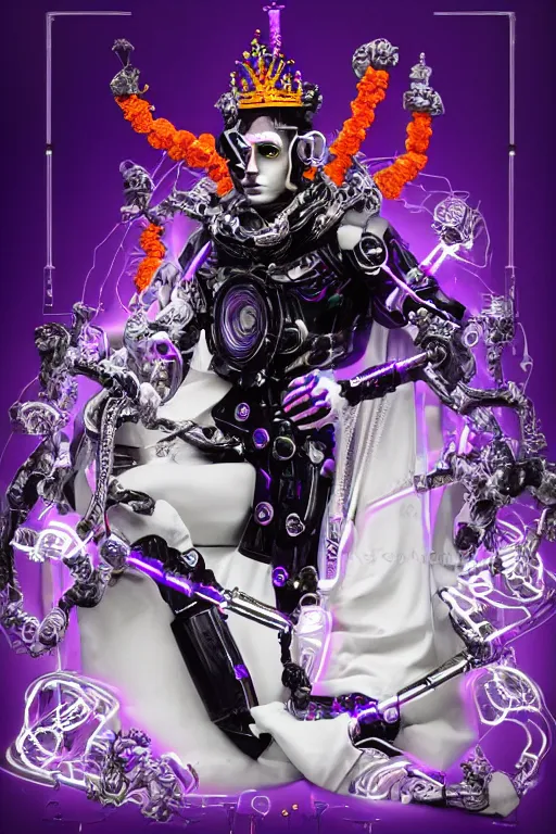 Image similar to full-body rococo and cyberpunk style violet neon statue of a young attractive Spanish male macho dotado android reclining sim roupa con piroca, glowing white laser eyes, prince crown of orange gears, diamonds, swirling silver-colored silk fabric. futuristic elements. full-length view. space robots. human skulls. intricate artwork by caravaggio. Trending on artstation, octane render, cinematic lighting from the right, hyper realism, octane render, 8k, depth of field, 3D