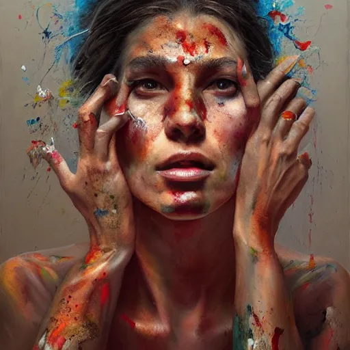 Image similar to a painting of a woman, a photorealistic painting by sam spratt, behance contest winner, shock art, apocalypse art, oil on canvas, hyper realism