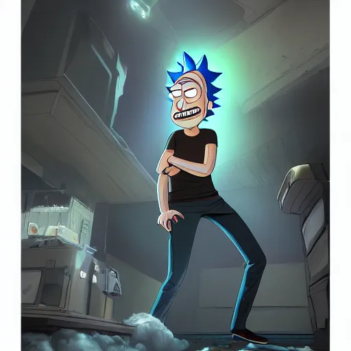 Image similar to full body pose, hyperrealistic photograph of drunk rick sanchez from rick and morty, dim volumetric lighting, 8 k, octane beautifully detailed render, extremely hyper detailed, intricate, epic composition, cinematic lighting, masterpiece, trending on artstation, very very detailed, stunning, hdr, smooth, sharp focus, high resolution, award, winning photo, dslr, 5 0 mm