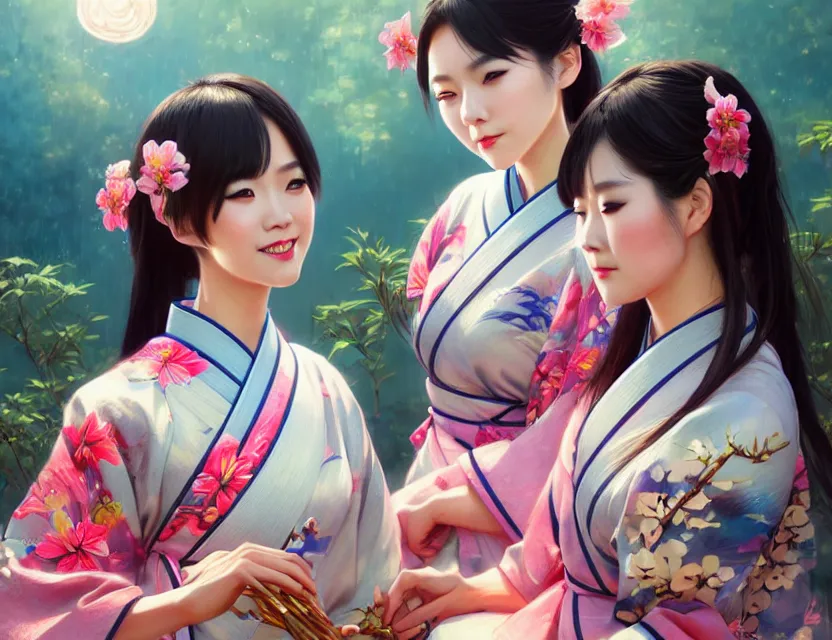 Image similar to two beautiful fashion taiwan girls wear fantasy yukata in festival | | big eyes, sunny, dreamlike art, realistic shaded, smile, good looking, fine details, 4 k realistic, cryengine, realistic shaded lighting poster by greg rutkowski, magali villeneuve, artgerm, jeremy lipkin and michael garmash and rob rey