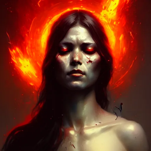 Prompt: a beautiful portrait of a death and madness goddess with slightly closed eyes by Greg Rutkowski and Raymond Swanland, Trending on Artstation, Flaming Background, ultra realistic digital art