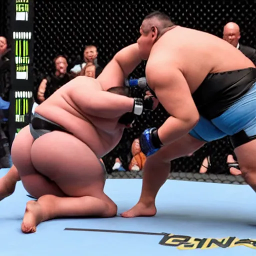 Prompt: robocop getting beat up by sumo wrestler in the ufc octagon