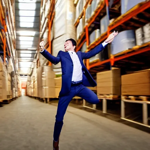 Prompt: an elgant detailed portrait of a man boisterously dancing around the room by himself holding an empty wine bottle as he jumps in the air in a (warehouse), striking artistic concept, perfect composition, detailed facial expression, fine detail, dramatic lighting, award-winning photo UHD, 4K