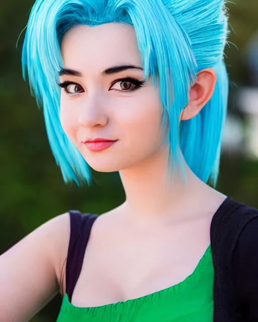 Image similar to Beautiful close highly detailed portrait of a Bulma from DBZ cosplayer in her iconic signature main outfit. Award-winning photography. XF IQ4, 150MP, 50mm, f/1.4, ISO 200, 1/160s, natural light, rule of thirds, symmetrical balance, depth layering, polarizing filter, Sense of Depth, AI enhanced