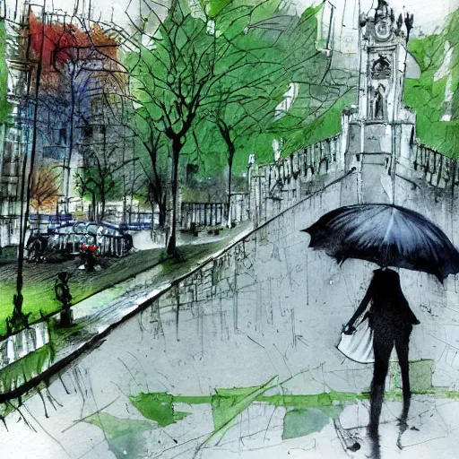 Prompt: pen with watercolor matte art painting of a beautiful green park in the middle of a modern old town city by banksy, carne griffiths and monet. Street photography. rainy day.