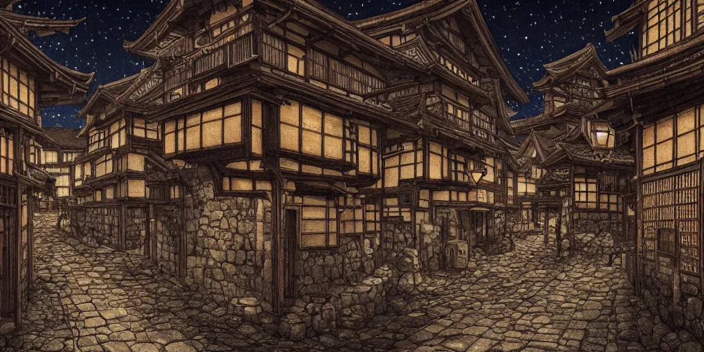 Prompt: Medieval Kyoto street at night landscape, haunted crowded streets, 8K, trending on artstation, golden ratio, low key, ultra detailed, concept art, art by Kentaro Miura