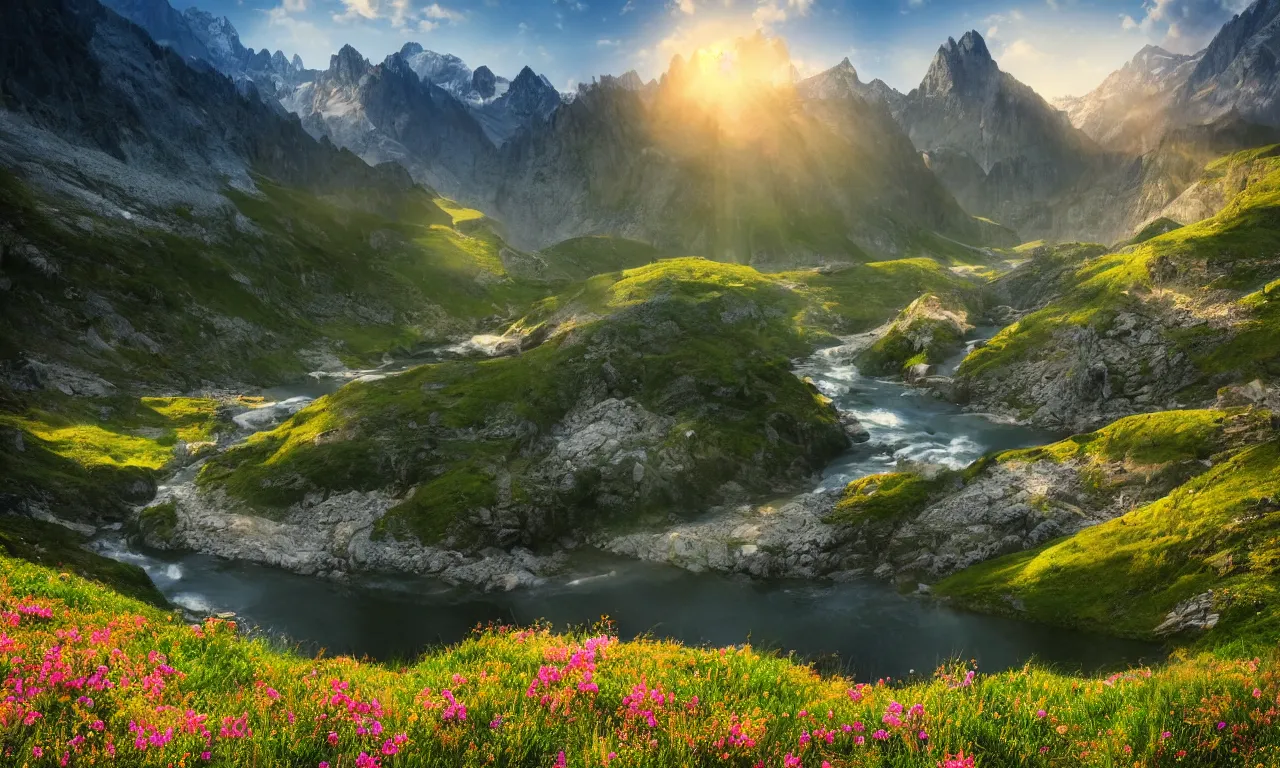 Prompt: gorgeous dreamy alpen landscape, soft rays over mountain top, valley, river flowing through, colorful wild flowers on the foreground, soft natural lighting, photorealism, landscape photography, award - winning photography, artstation, national geographic