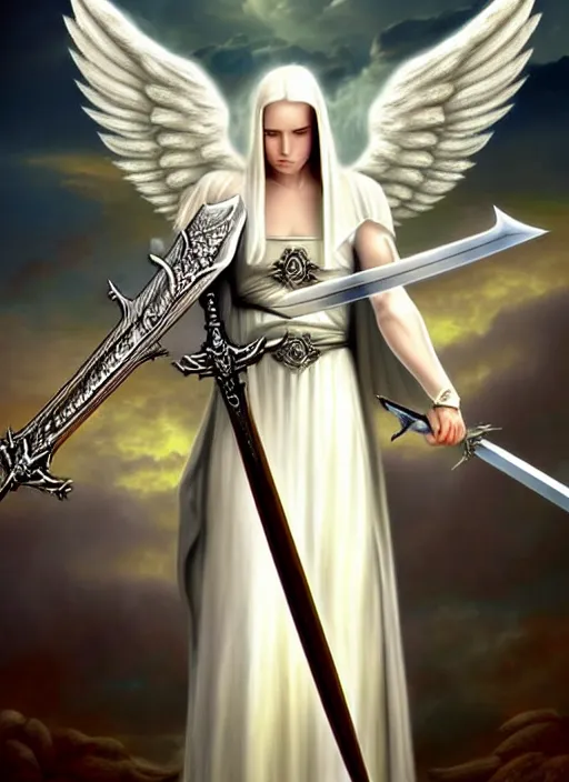 Image similar to a white angel holding a sword and a sword, digital art by artgem, Anne Stokes, deviantart, fantasy art, angelic photograph, wiccan, deviantart