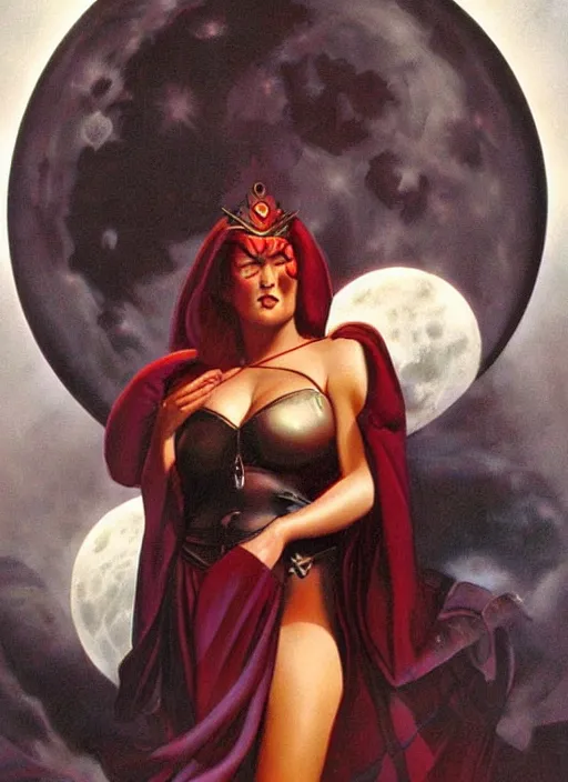 Image similar to portrait of plump norse goddess of the moon, maroon and black robe, iron crown strong line, deep color, beautiful! coherent! by boris vallejo