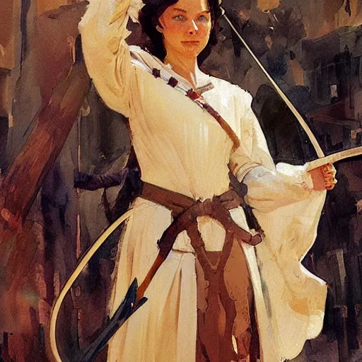 Image similar to portrait of woman wearing medieval clothing aiming a bow and arrow, detailed by greg manchess, craig mullins, bernie fuchs, walter everett
