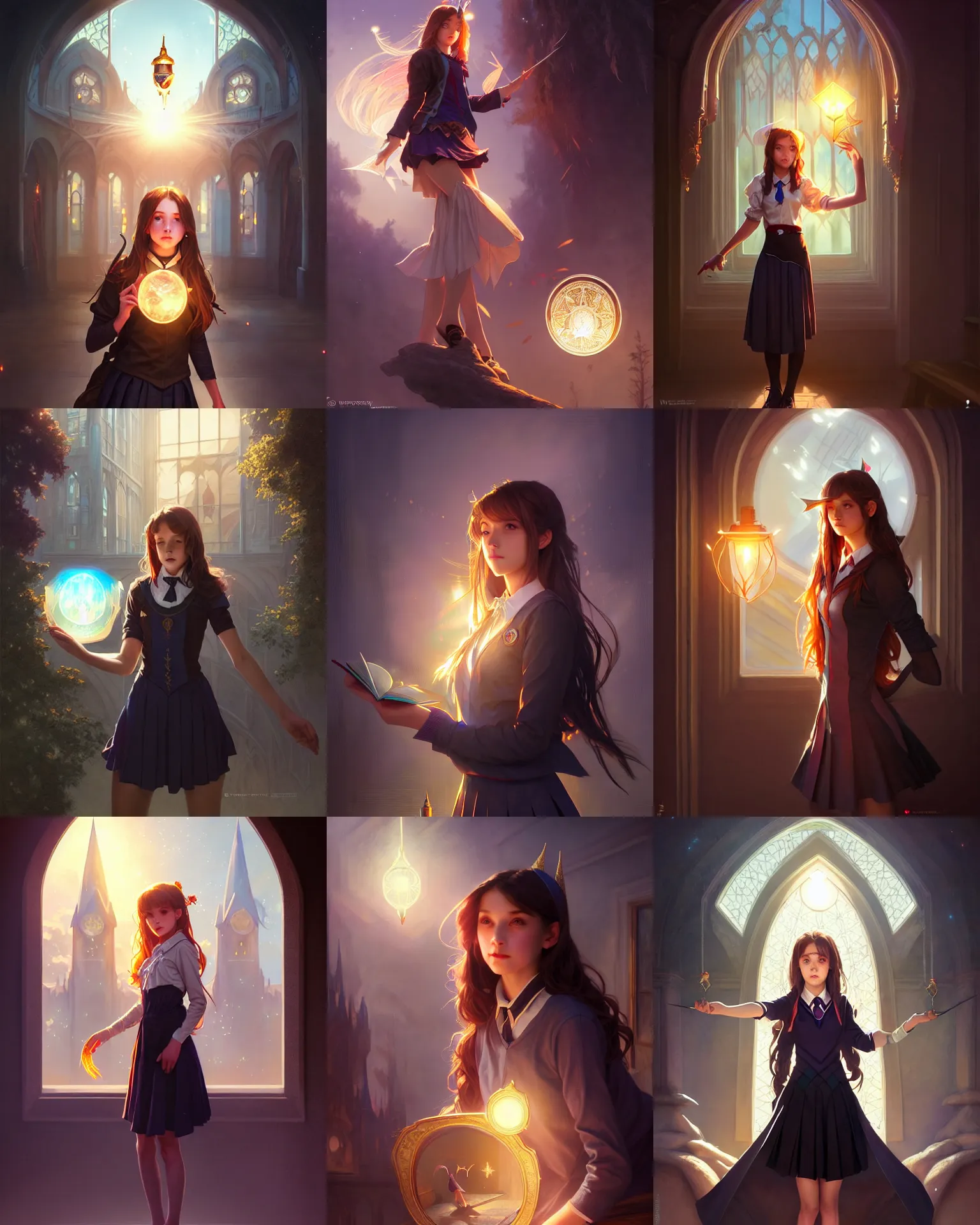 Image similar to out of town college girl, magic school uniform, fantasy building, sorceress, dark light night, intricate, elegant, sharp focus, lens flare, bloom, rim light, illustration, highly detailed, digital painting, concept art, matte, art by wlop and artgerm and greg rutkowski and alphonse mucha, masterpiece