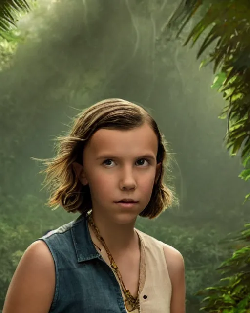 Image similar to Portrait of Millie Bobby Brown in a jungle of lightning