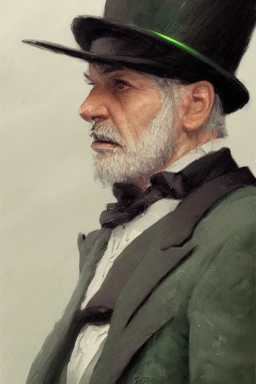 Prompt: a grey hair old halfling green eyes with stubble top hat and suit by Greg Rutkowski, painting, portrait, HD, high details, trending on artstation