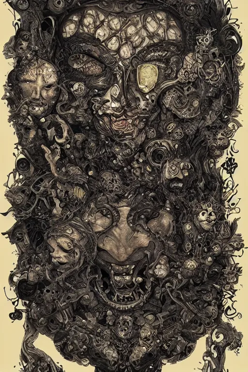 Image similar to portrait of thousands of cartoon faces that are made up of faces, black paper, baroque, rococo, tarot card with ornate border frame, marc Simonetti, paul pope, peter mohrbacher, detailed, intricate ink illustration