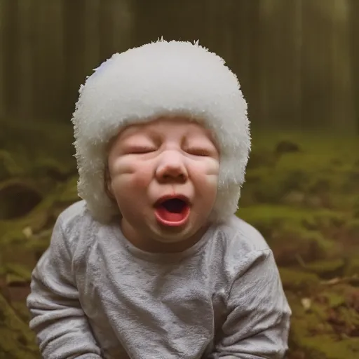 Prompt: Realistic Cute Marshmallow kid crying in the raining forest sitting on a rock, sad, cloudy, rainy, movie shot, studio shot, studio lighting, 8k