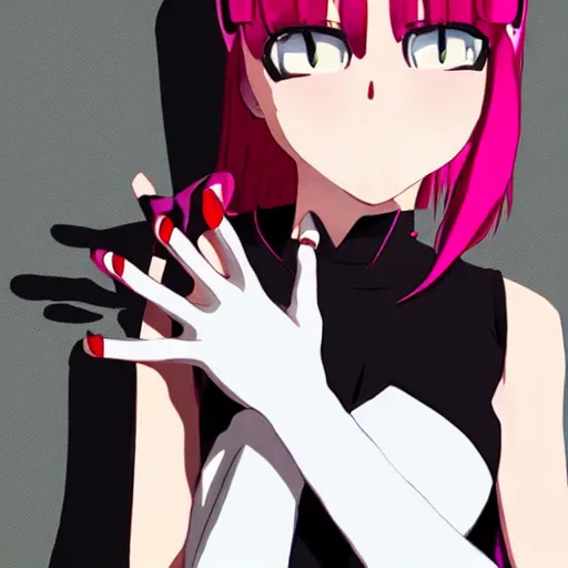 Image similar to girl, bare shoulders, detached sleeves, looking at viewer, open mouth, partially fingerless black gloves, pink background, red eyes, short hair, white hair, white shirt, white sleeves, wolf ears, artwork made by makoto shinkai