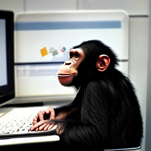 Image similar to chimp in an office job cubicle on computer, 9 0 s photograph