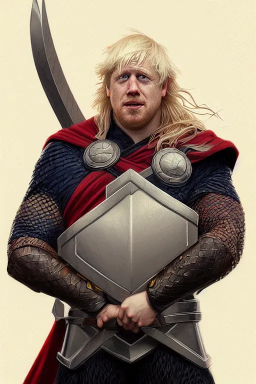 Prompt: Boris Johnson as Thor, realistic portrait, symmetrical, highly detailed, digital painting, artstation, concept art, smooth, sharp focus, illustration, cinematic lighting, art by artgerm and greg rutkowski and alphonse mucha